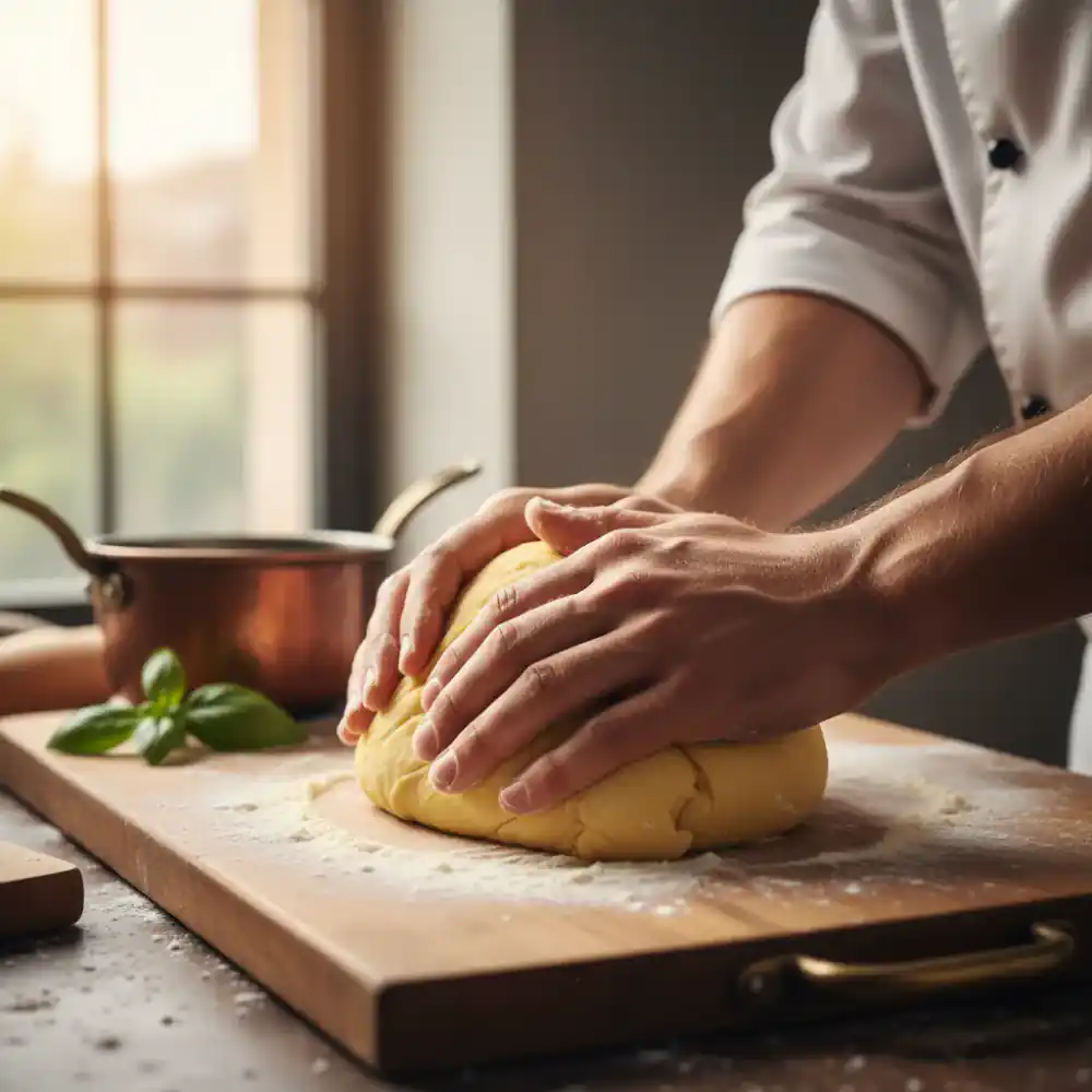 A chef's hands carefully kneading fresh pasta dough