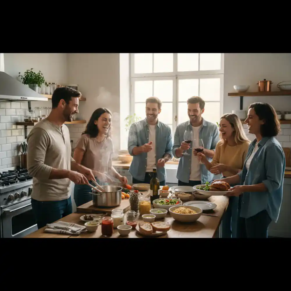 A group of friends laughing and cooking together in a bright kitchen, sharing a meal.