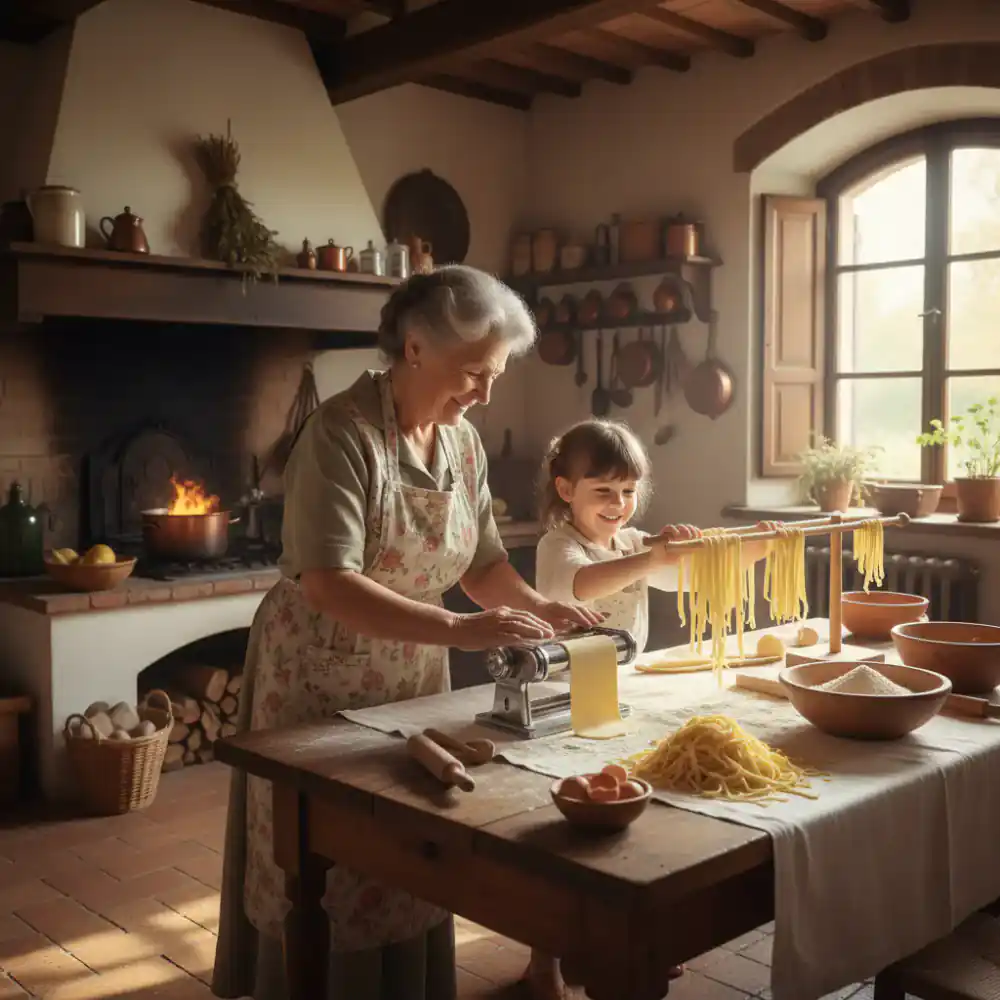 A grandmother and child making pasta together in a rustic kitchen, highlighting family tradition.