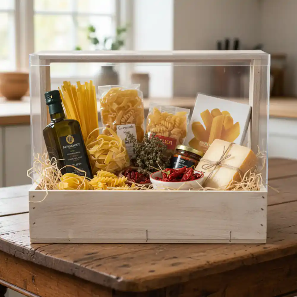 Gourmet pasta gift box with various Italian items