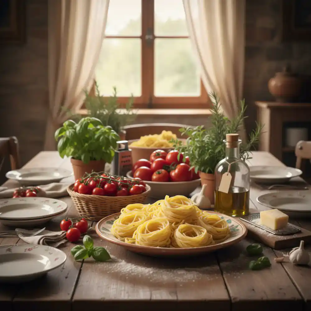 A large table set with fresh homemade pasta, a bottle of olive oil, tomatoes, and herbs, evoking an Italian family meal scene.
