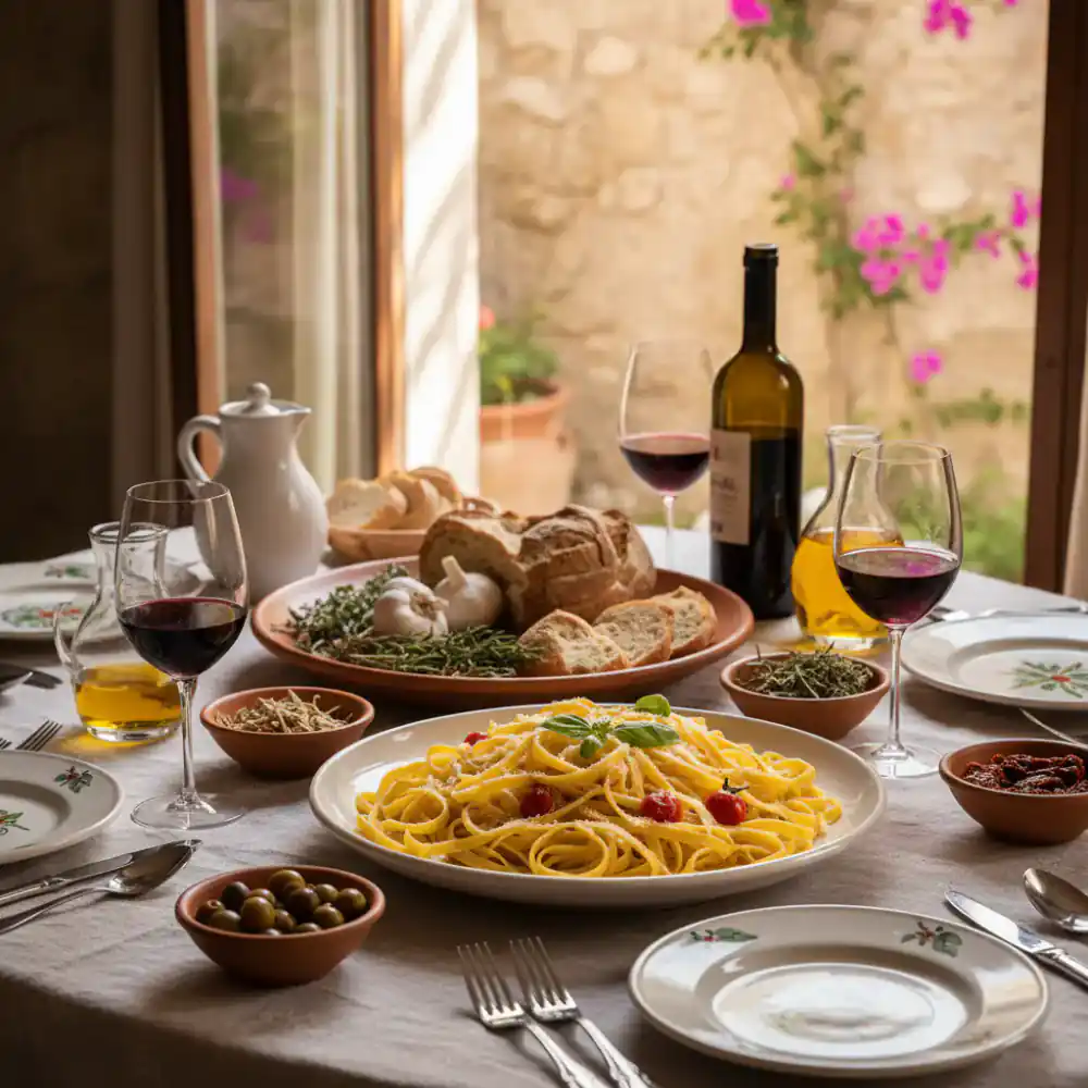 A beautifully laid Italian table with fresh pasta, herbs, and wine, ready for a meal