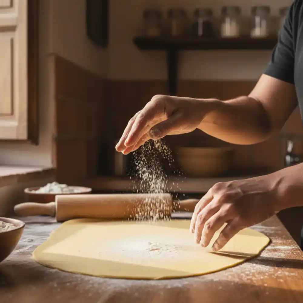 Hands of a pasta maker dusting flour on freshly rolled dough.