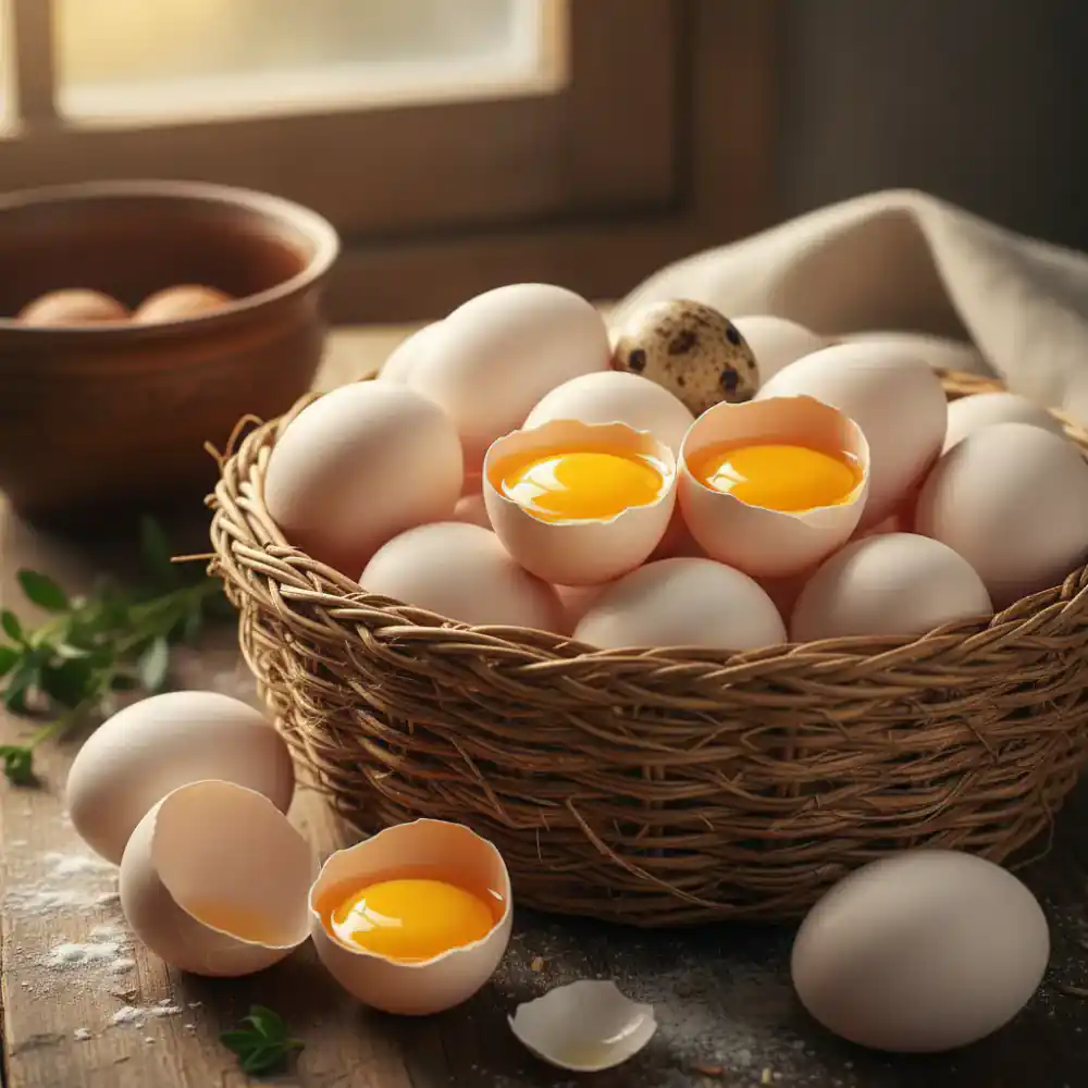 Basket of farm-fresh eggs with bright yellow yolks visible.