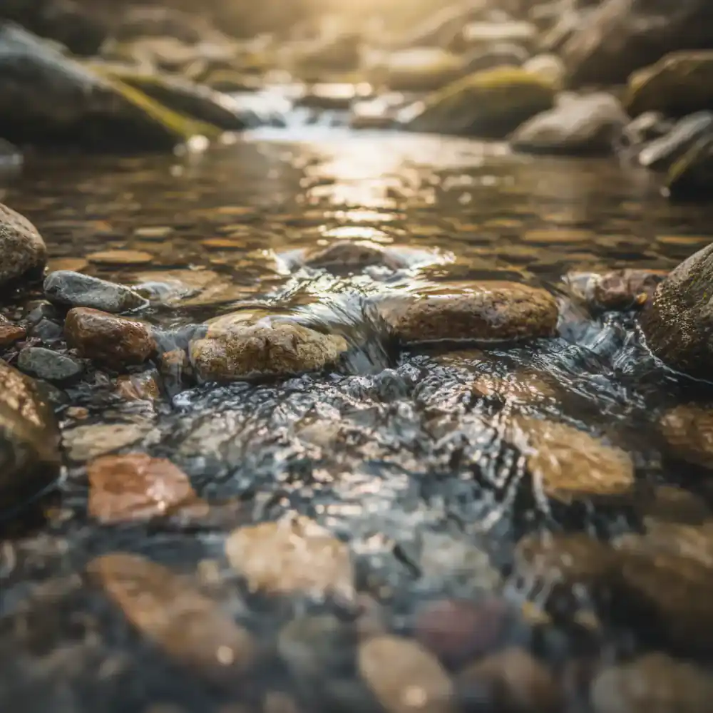 Clear spring water flowing over smooth river stones.