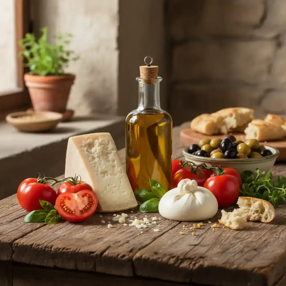 A rustic display of Italian ingredients including olive oil, cheese, and tomatoes