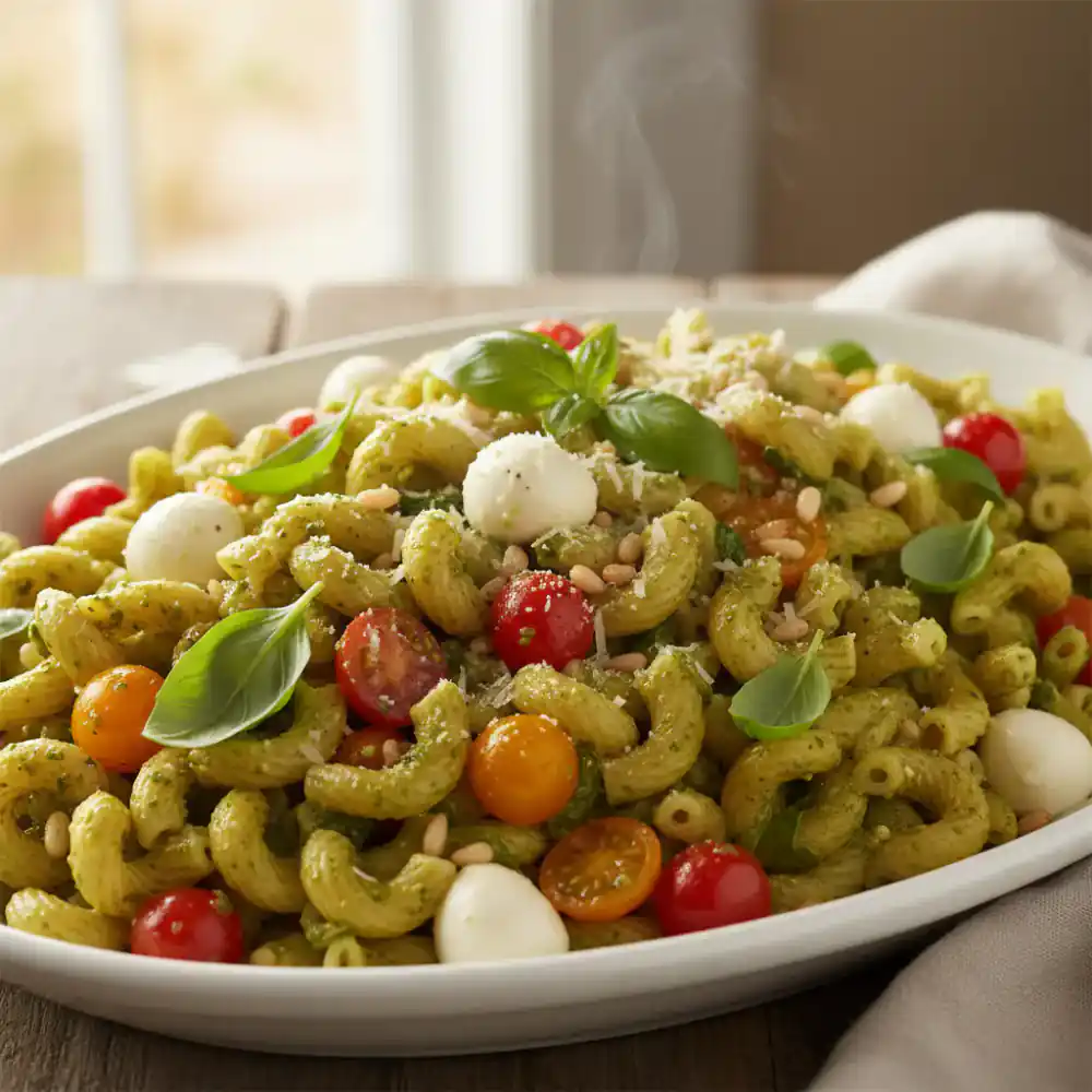 Platter of vibrant pesto pasta