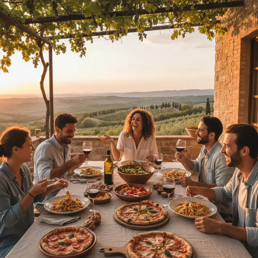 Group of friends enjoying a traditional Italian meal