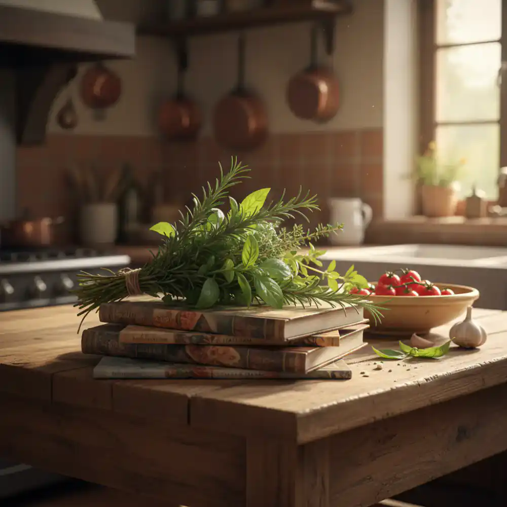Collection of Italian cookbooks and fresh herbs