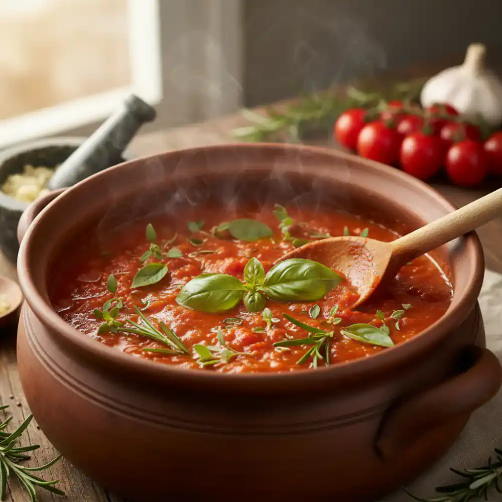 Delicious homemade tomato sauce simmering with fresh herbs