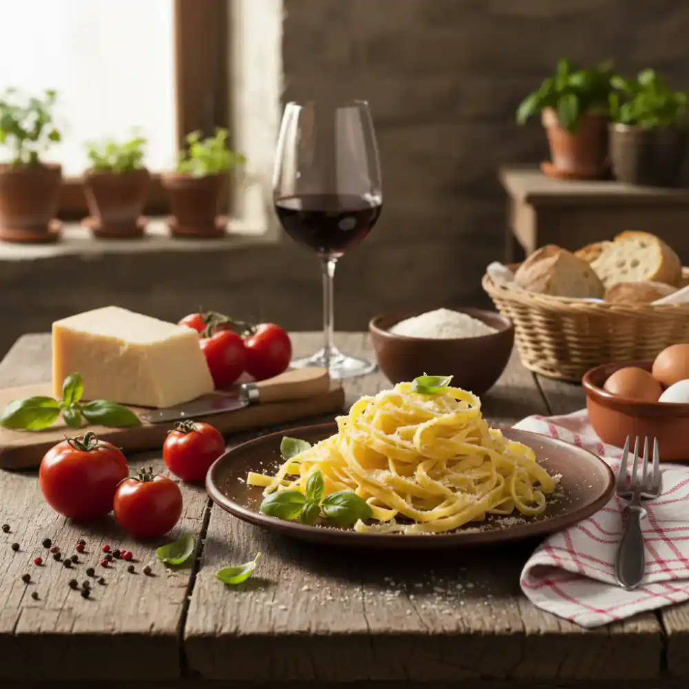 Freshly made pasta on an Italian table setting with ingredients