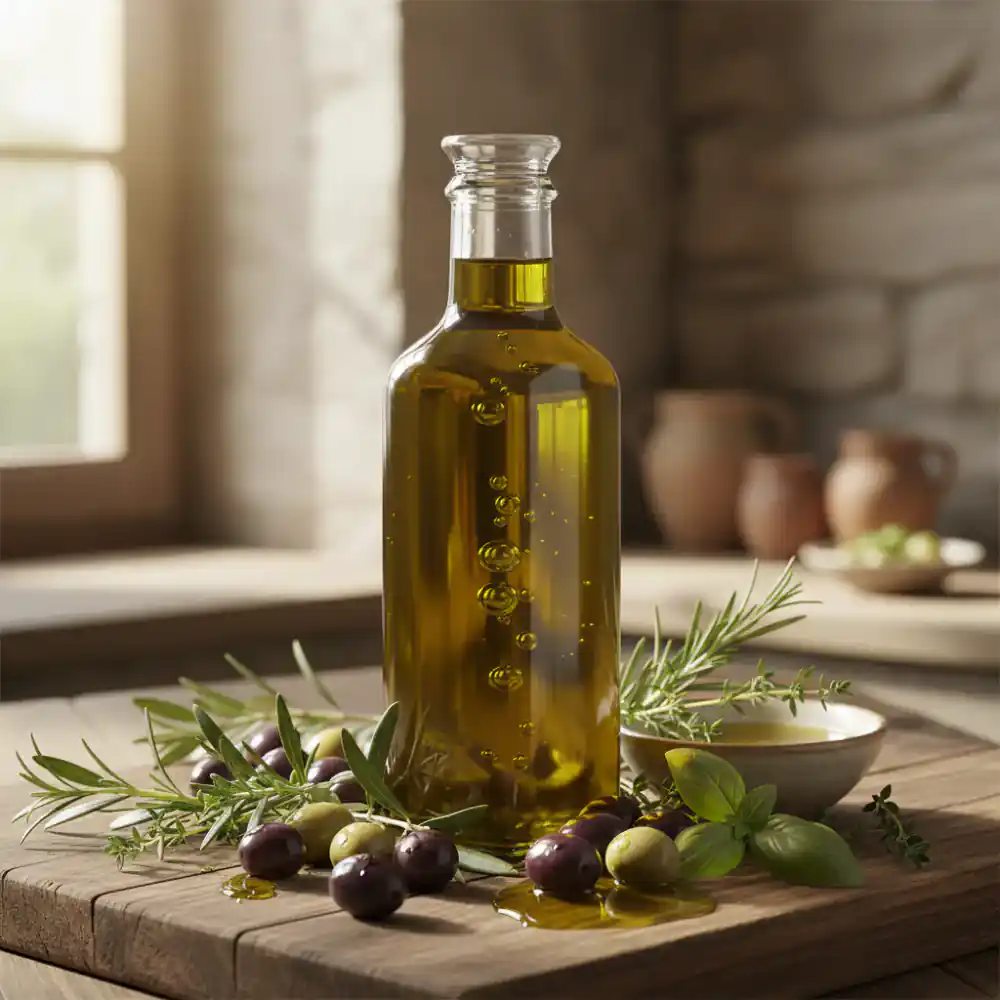 A bottle of premium extra virgin olive oil with fresh olives and herbs
