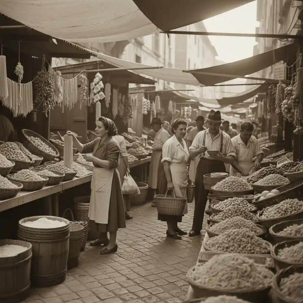 Vintage image of a bustling Italian market with pasta stalls