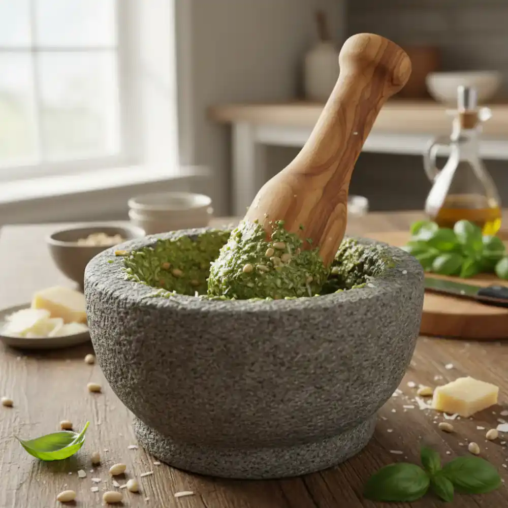 Freshly made pesto sauce in a mortar and pestle