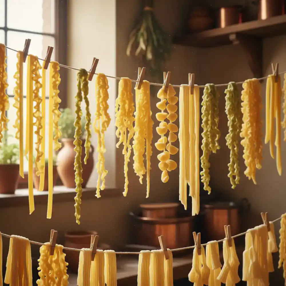 Various types of fresh pasta hanging to dry