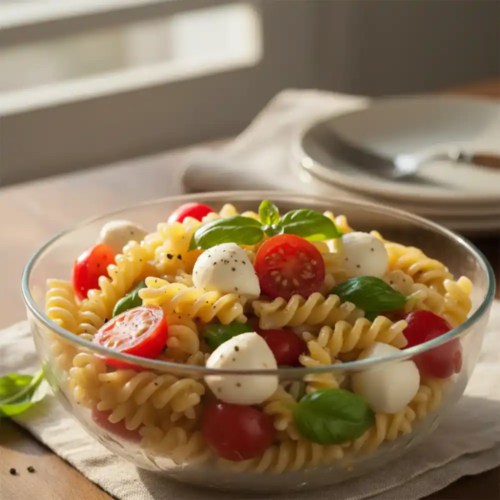 Pasta salad with cherry tomatoes, mozzarella, and basil
