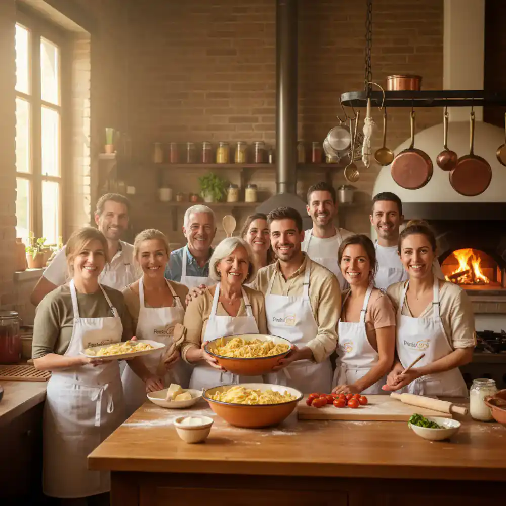 A warm family portrait of the PastaCasa founders and team, smiling in a kitchen setting.