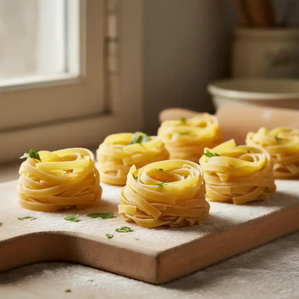 Fresh fettuccine pasta, neatly coiled