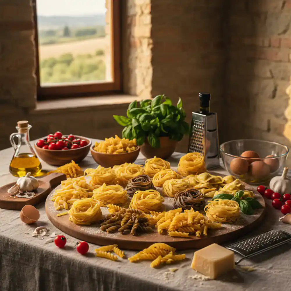 A large spread of fresh pasta on an Italian table with ingredients