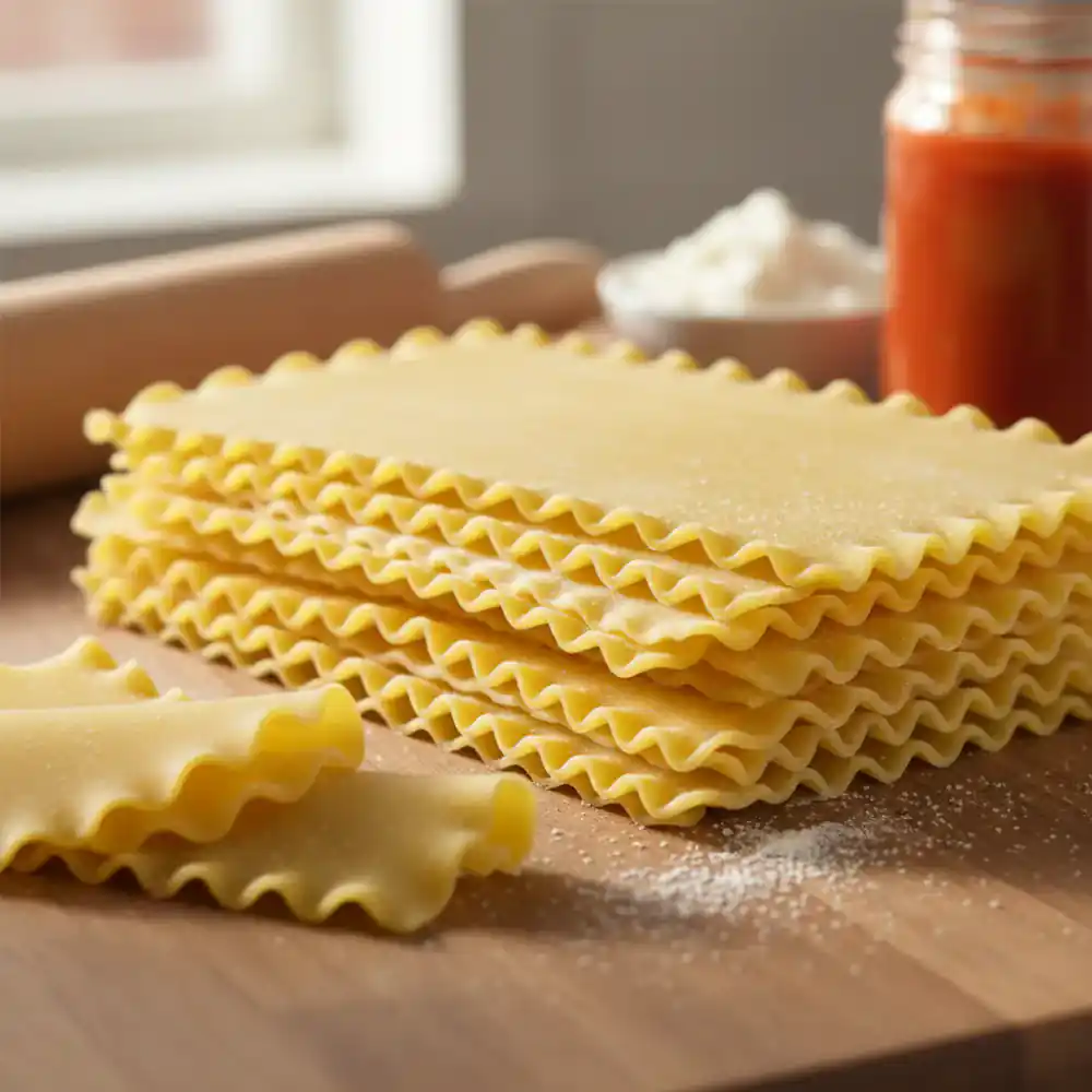 Layers of fresh lasagna sheets, ready for assembly