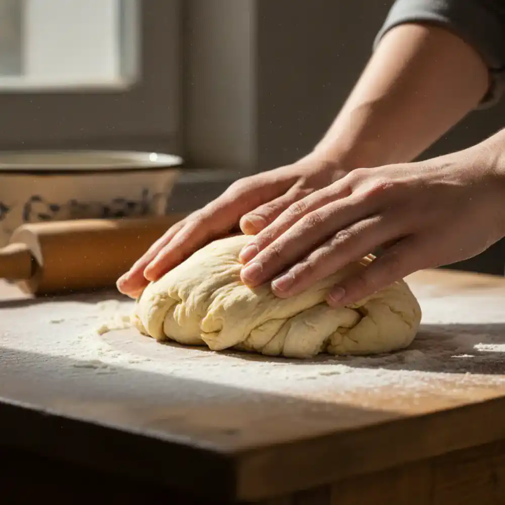 Hands gently kneading fresh pasta dough on a floured wooden surface