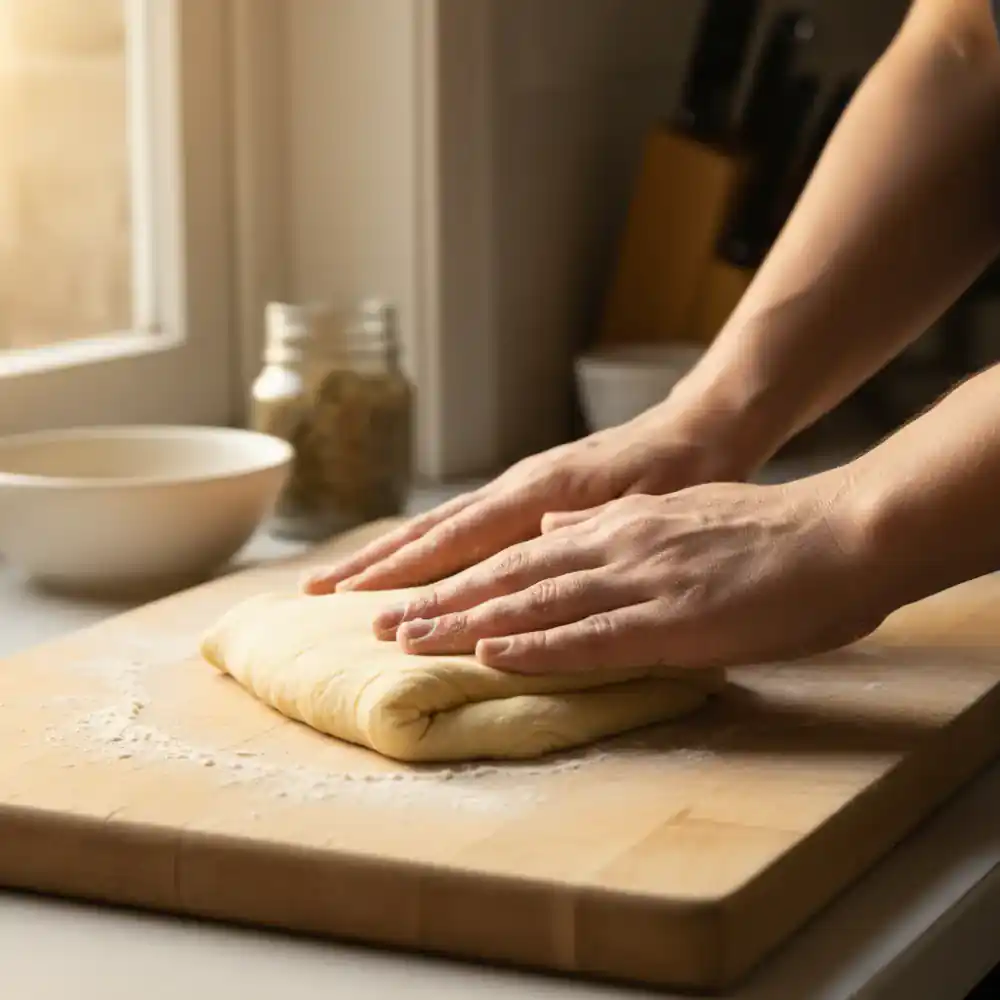 Close-up of hands expertly kneading fresh pasta dough on a wooden board.