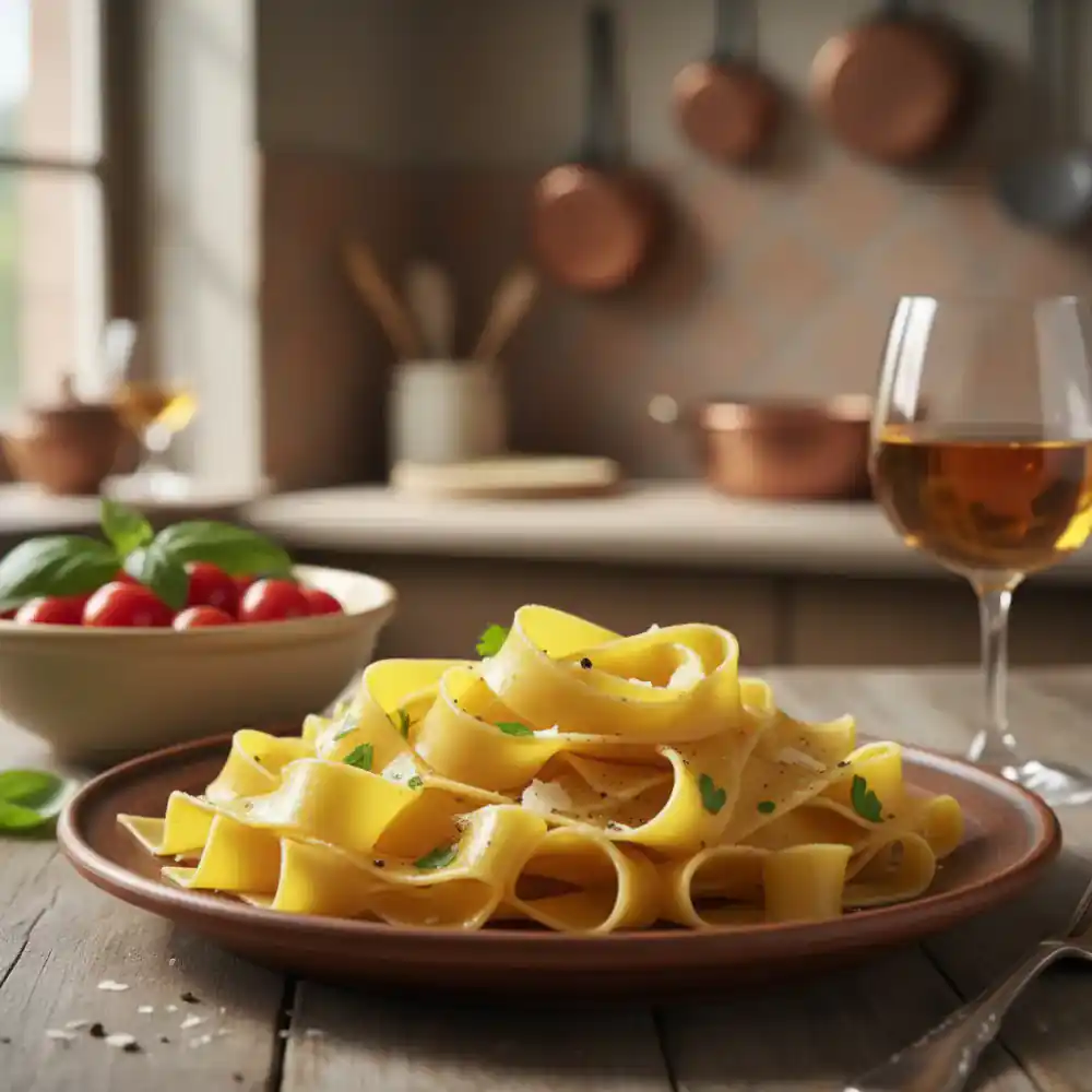 Wide, flat pappardelle pasta strands