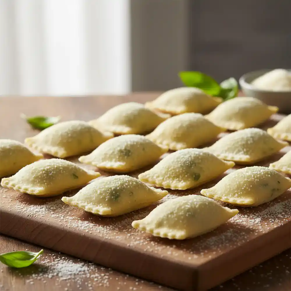 Homemade spinach and ricotta ravioli, ready to be cooked