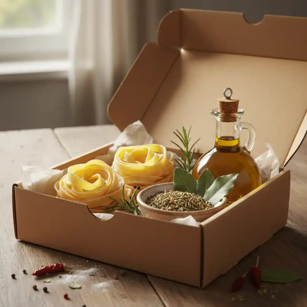 An open subscription box revealing fresh pasta, olive oil, and Italian herbs